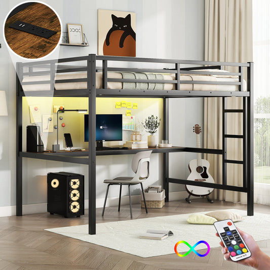 Metal Full Size Loft Bed  with Power Outlet and LED Lighted, Space-Saving, Noise Reduced, Black