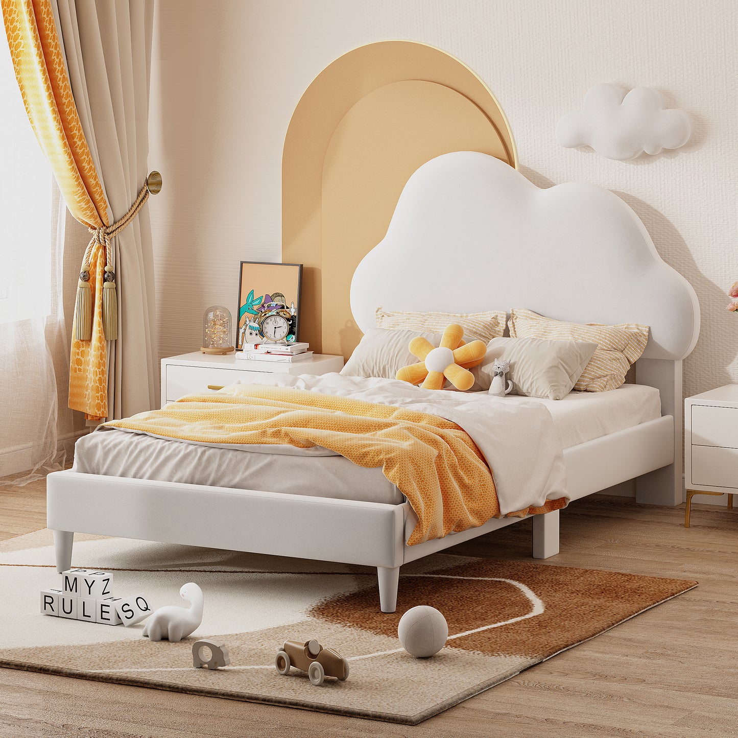 Twin Size Upholstered Cloud-Shape Bed ,Velvet Platform Bed with Headboard,No Box-spring Needed,Beige