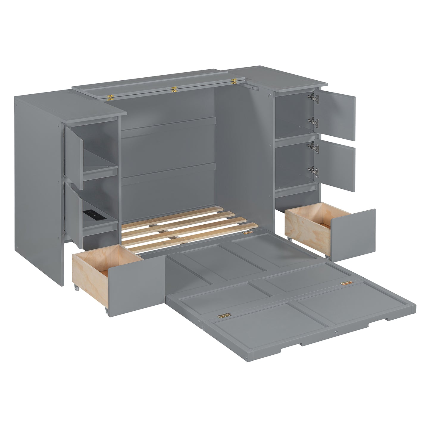 Twin Size Murphy Bed with Drawers, Cabinets and USB Ports,Gray