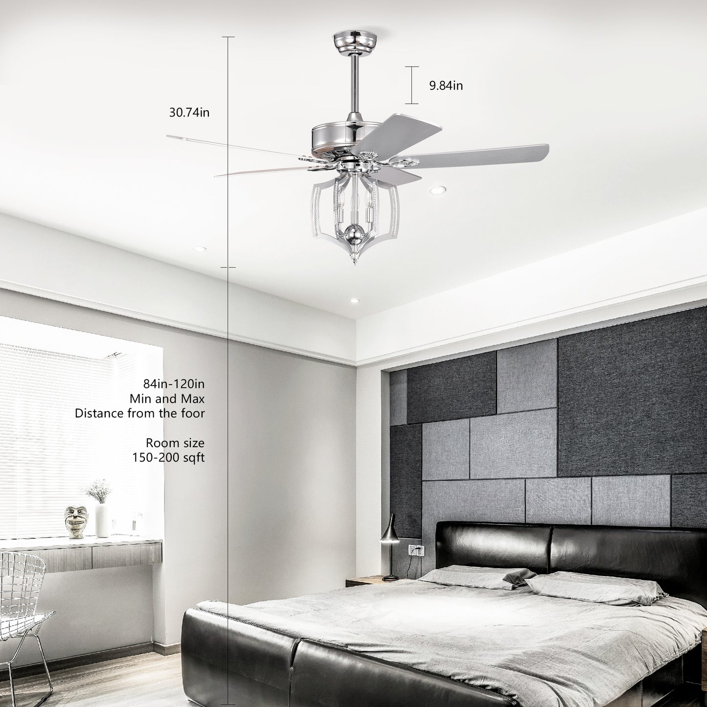 Ceiling Fans with Lights(no include bulb)  and Remote 52 Inch Bedroom Ceiling Fan with Light Crystal Chandelier Fans, Reversible Motor, Timer, Polished Chrome