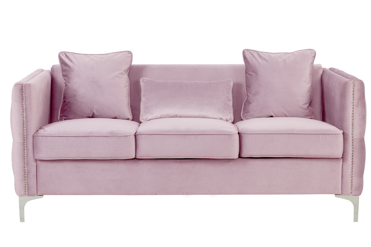 Bayberry 73" Pink Velvet Sofa with 3 Pillows