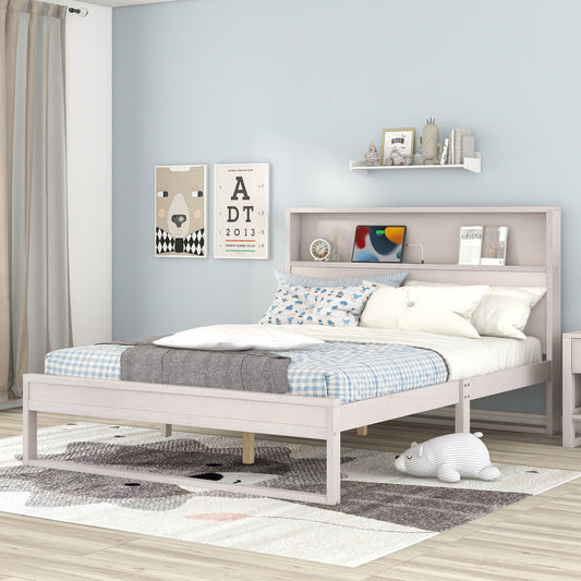 Platform Bed with Storage Headboard,Sockets and USB Ports,Queen Size Platform Bed,Antique White