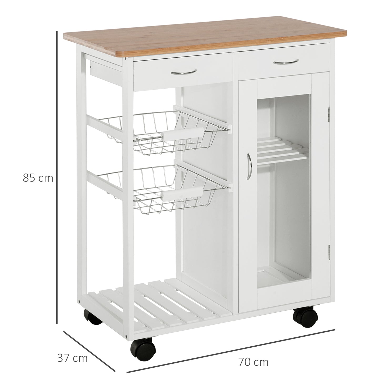 HOMCOM 28" Rolling Kitchen Island with Storage, Kitchen Cart with Solid Bamboo Top, Wire Basket,Door Cabinet and Drawers, White