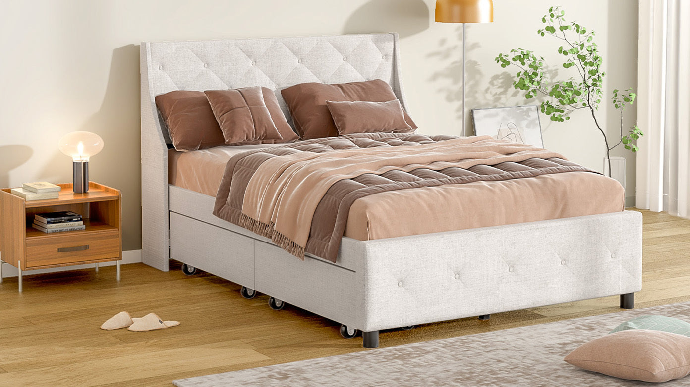 Queen Size Bed Frame with Storage Headboard, Metal Platform Bed No Noise, Mattress Foundation Strong Metal Slats Support No Box Spring Needed