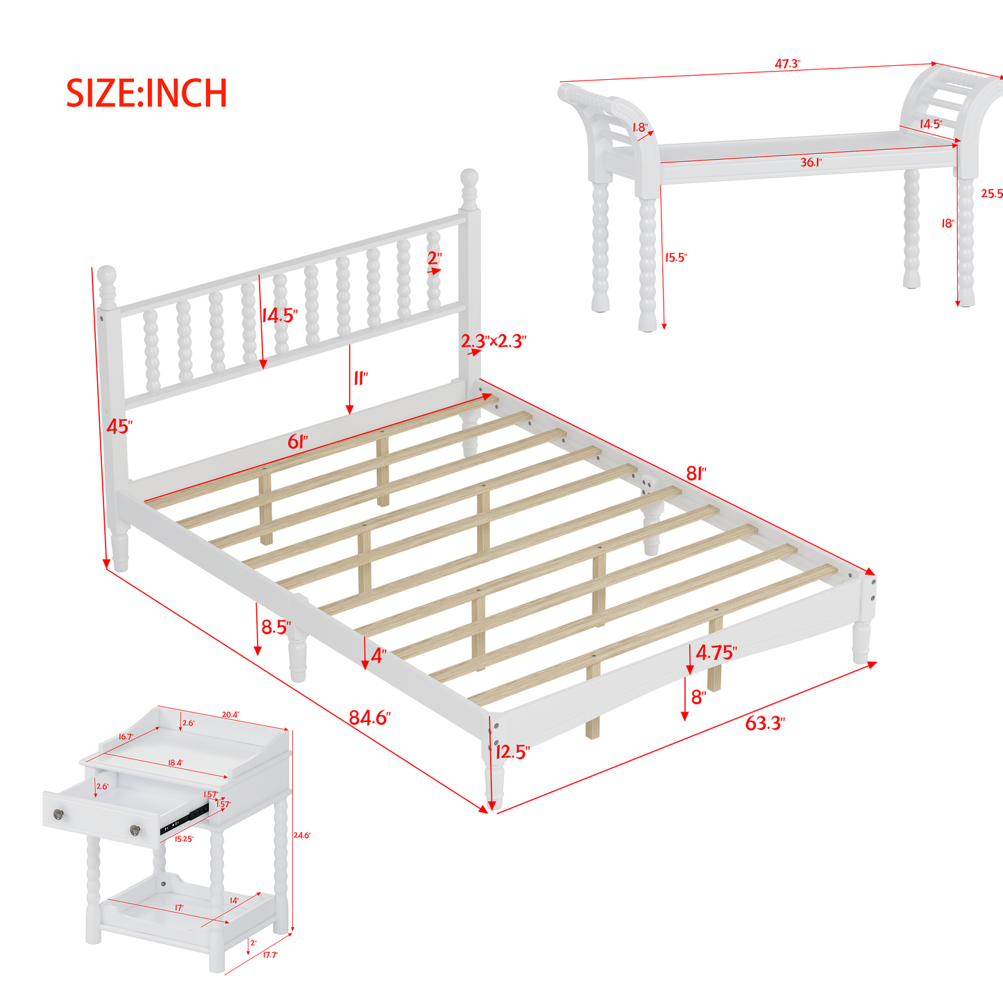 4-Pieces Retro Style Bedroom Sets, Queen Size Platform Bed with Gourd Shaped Headboard, Storage Nightstand and Bench with Turned Legs, White