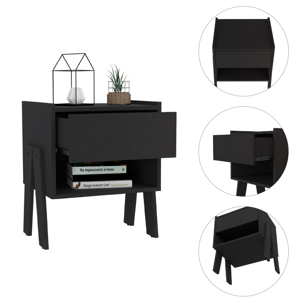 Joy Nightstand , End Table, Side Table Four Legs, One Open Shelf, One Drawer  -Black