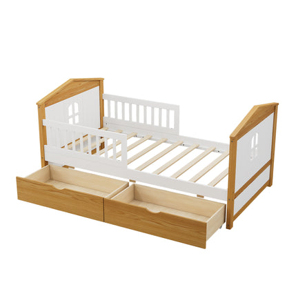 Twin Size House Shape Bed with Drawers and Safety Fence Guardrails Bed Toddler Bed for Girls Boys,No Box Spring Needed, Walnut and White