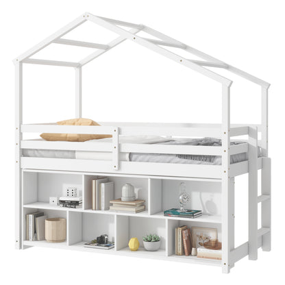 Twin House Loft Bed with Roof Frame, Under Bed Shelving Storage Unit, Guardrails, Ladder,White