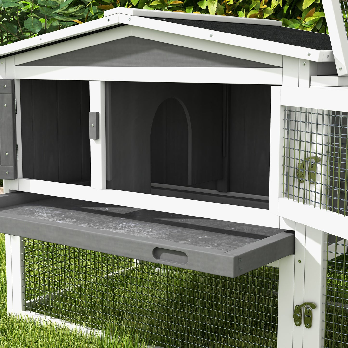 PawHut Rabbit Hutch 2-Story Bunny Cage Small Animal House with Slide Out Tray, Detachable Run, for Indoor Outdoor, 61.5" x 23" x 27", Light Gray