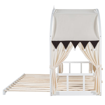 Twin Size Extended Bed With Arched Roof and Trundle, White