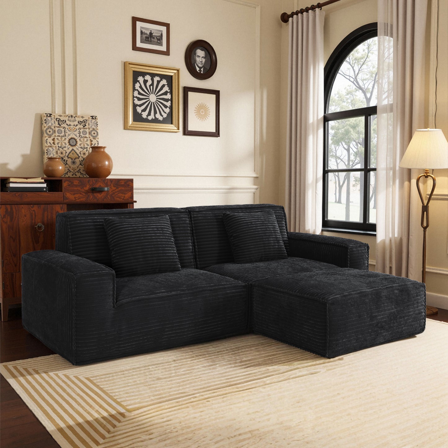 106.3 inch large striped compression sofa, modern style, living room and bedroom furniture, comfortable home style, vacuum compression, full sponge, high rebound straight row with foot pedal  black