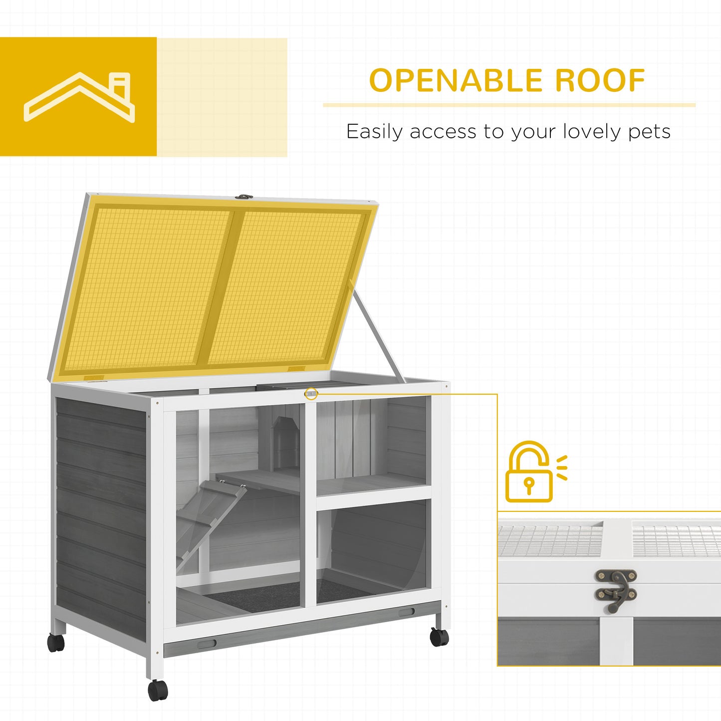 PawHut Indoor Rabbit Hutch with Wheels, Desk and Side Table Sized, Wood Rabbit Cage, Waterproof Small Rabbit Cage, Gray