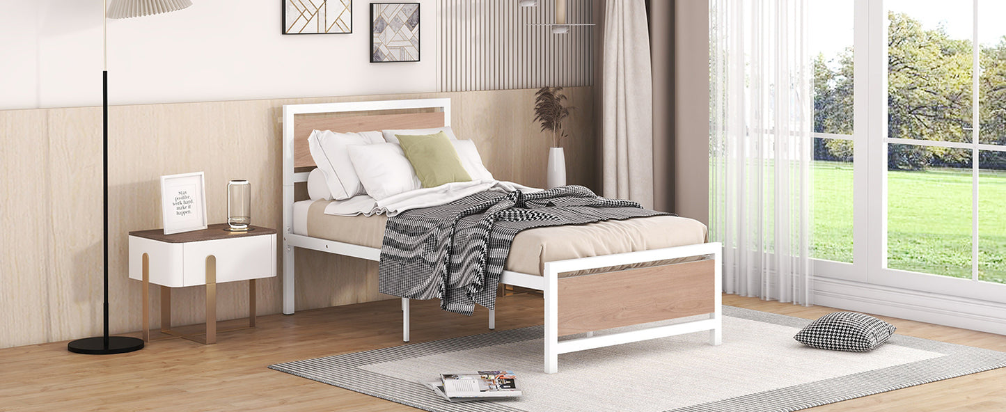 Twin Size Platform Bed, Metal and Wood Bed Frame with Headboard and Footboard , White