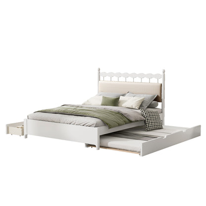 Queen Size Wooden Storage Platform Bed, with 2 Big Drawers, T Size Trundle, White