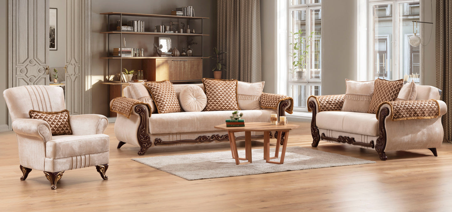 Traditional Style 3 Pc living room set Made With Chenille Upholstery & wood in Beige Color