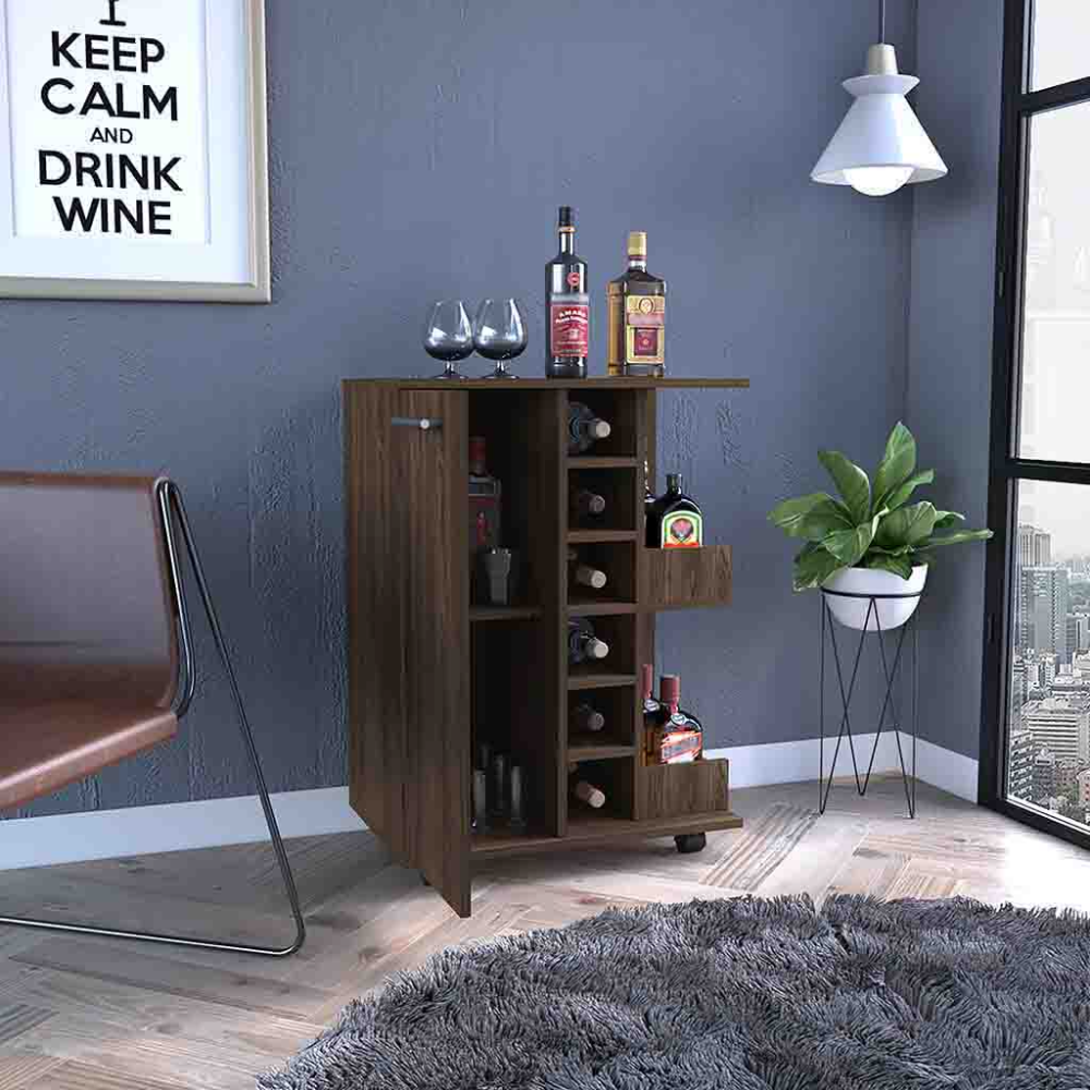 Bar Cart, Four Casters, Single Door Cabinet, Two External Shelves, Dark Walnut