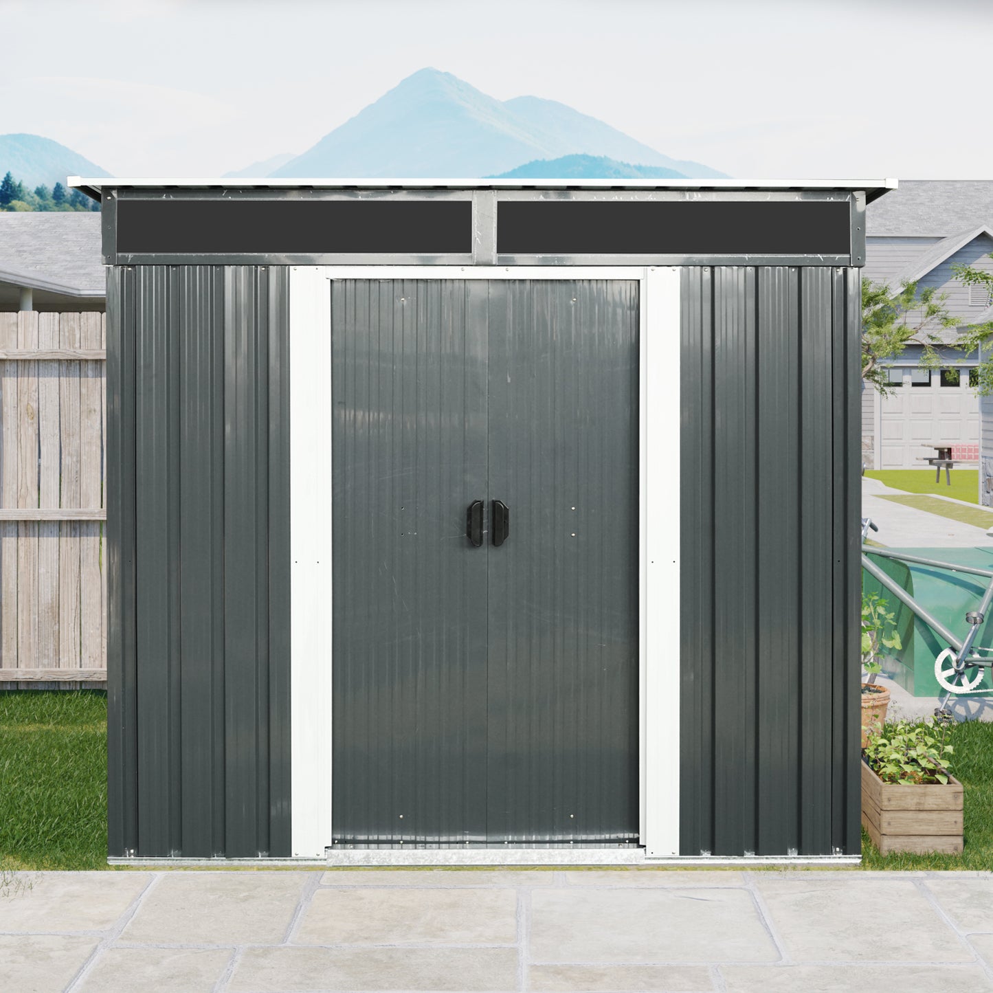 6ft x 5ft Outdoor Metal Storage shed with Lockable Sliding Doors and Transparent plate for Garden, Lawn (Black and White)