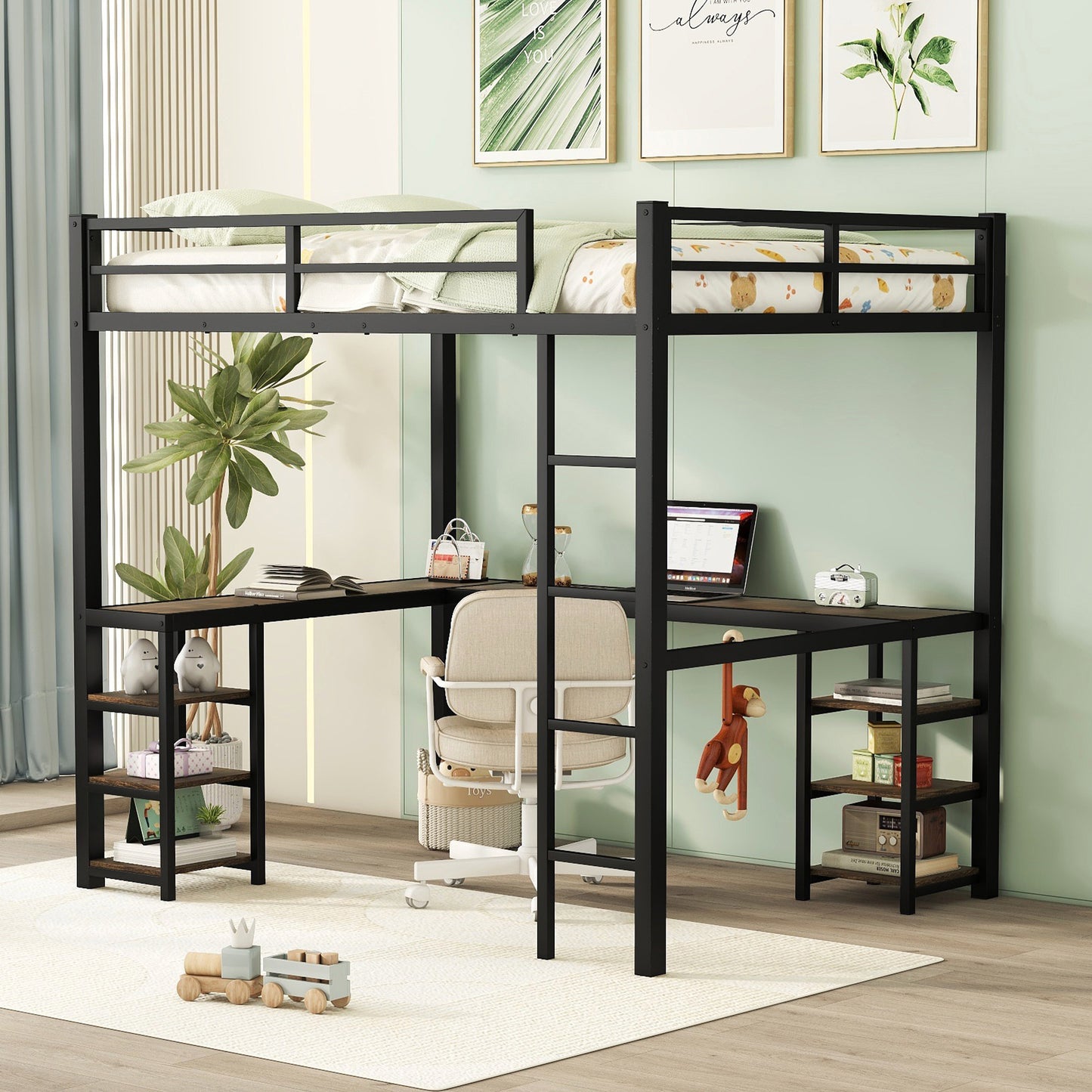 Full Metal Loft Bed with Desk and Shelves, Loft Bed with Ladder and Guardrails, Loft Bed Frame for Bedroom, Black (Old SKU: W1307S00018)