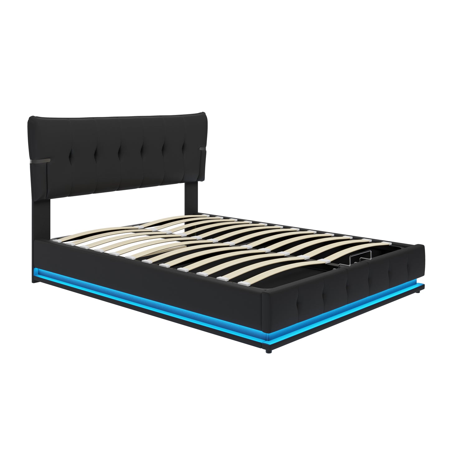 Upholstered Platform Queen Size Hydraulic Storage Bed, Lift Up Storage Bed with RGB LED Light, PU Leather Headboard and Footboard, No Box Spring Needed, Black