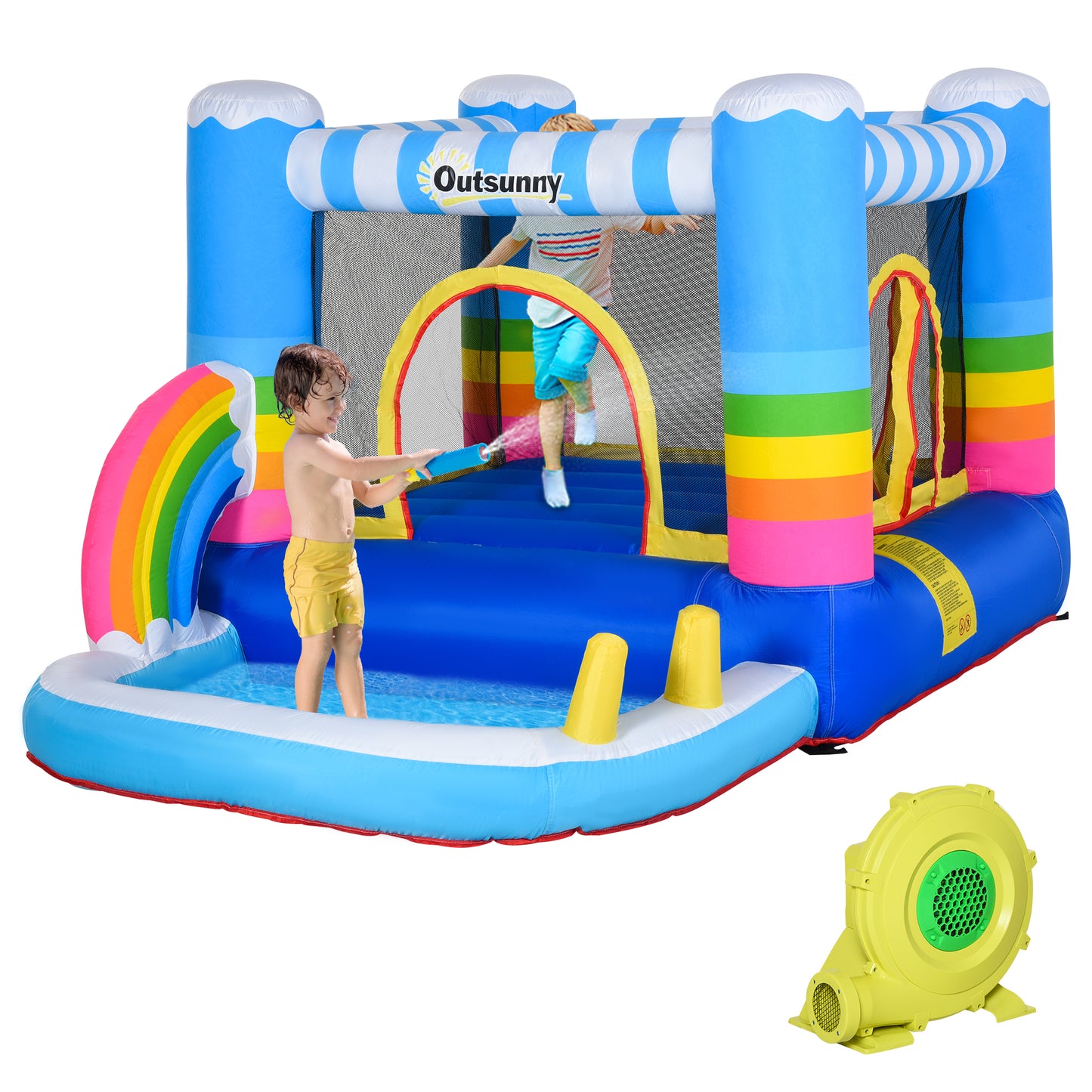 Outsunny Inflatable Bounce House for Kids 2-in-1 Jumping Castle for Indoor Outdoor Party with Trampoline, Pool, Carry Bag & Air Blower