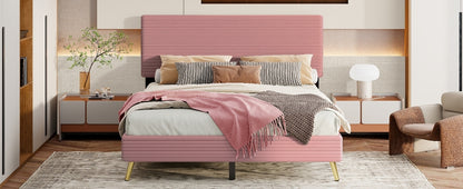 Queen Size Corduroy Upholstered Bed Frame, Platform Bed with Horizontal Stripe Headboard, No Box Spring Needed, Pink