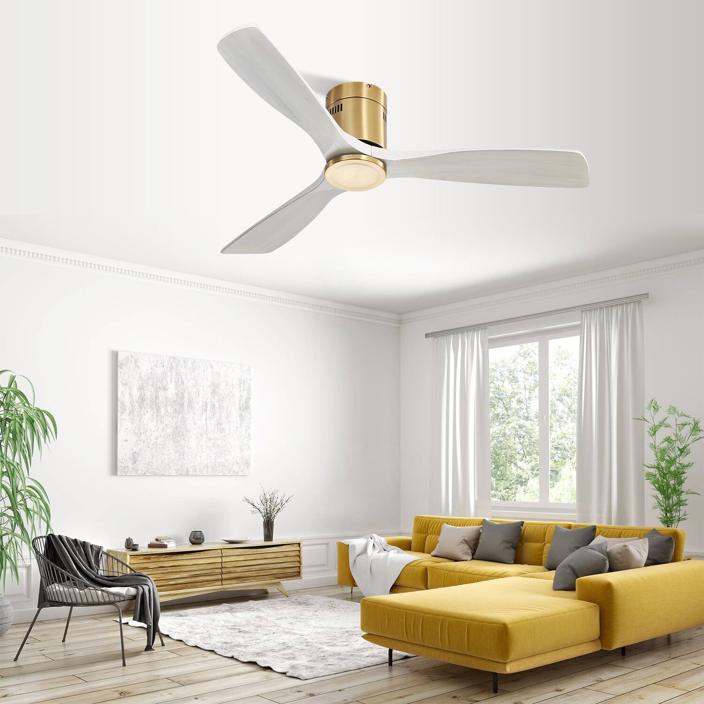 52 Inch Wooden Ceiling Fan With 3 Solid Wood Blades Remote Control Reversible DC Motor Without Light