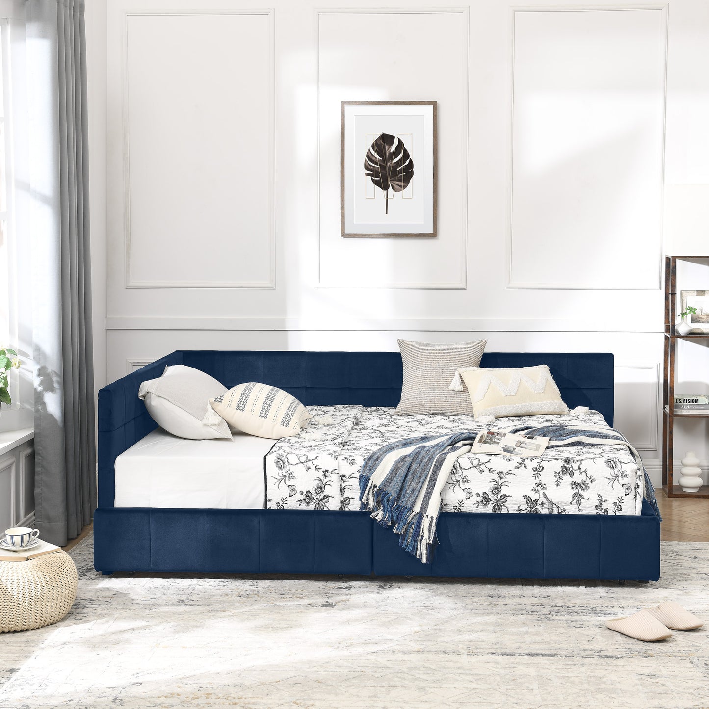 Full Size Storage Upholstered Tufted Bed Frame, Sofa Bed Frame with Comfortable Backrest and Armrests, Full Size Bed for Bedroom, Living Room,Velvet, DARK BLUE(80.5''*59''*29.5'')