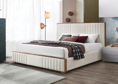 Kaleea Beige Chenille & Walnut Finish Queen Bed