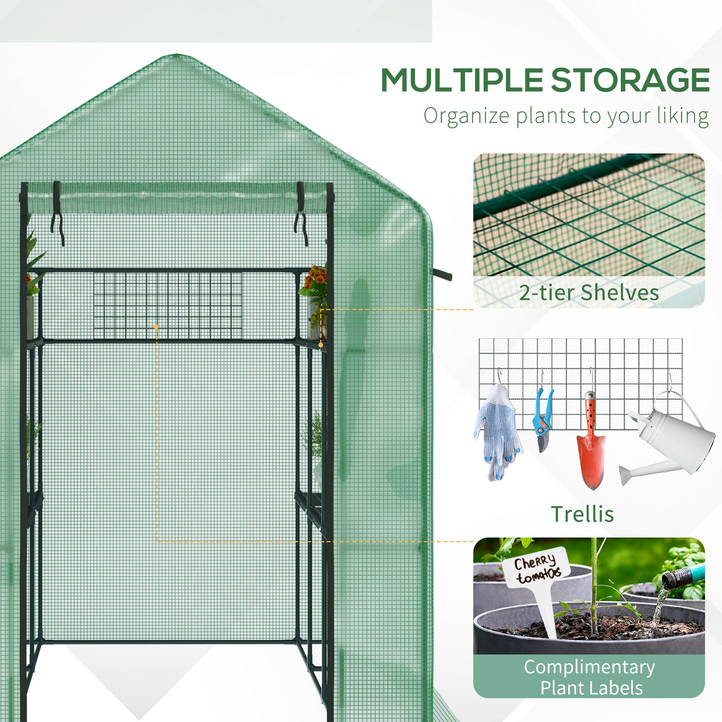 Outsunny 7' x 5' x 6' Walk-in Greenhouse with Mesh Door and Windows, 18 Shelf Hot House with Trellis, Plant Labels, UV protective for Growing Flowers, Herbs, Vegetables, Saplings, Green