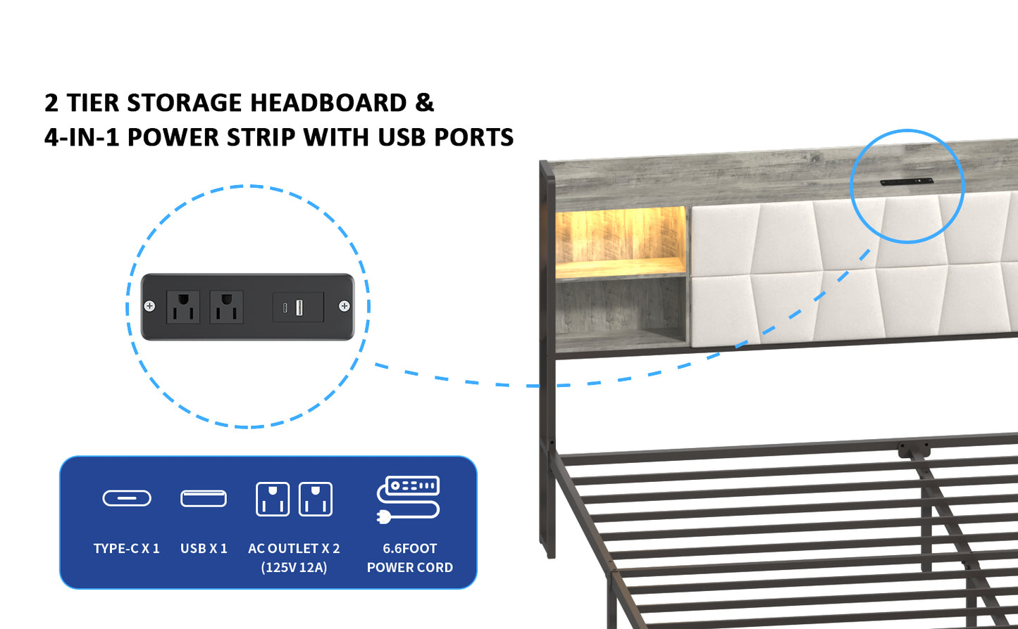 Queen Size Bed Frame with LED Light & Power Outlet, Platform Bed with Upholstered Headboard and Storage, Sturdy Metal Slats Support, No Box Spring Needed, Easy Assembly, Noise-Free