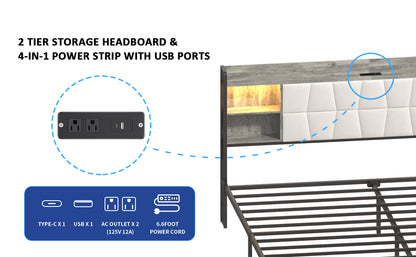 Queen Size Bed Frame with LED Light & Power Outlet, Platform Bed with Upholstered Headboard and Storage, Sturdy Metal Slats Support, No Box Spring Needed, Easy Assembly, Noise-Free