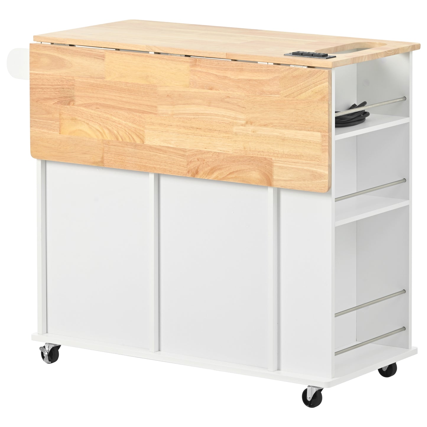 Kitchen Island with Power Outlet,Kitchen Storage Island with Drop Leaf and Rubber Wood,Open Storage and Wine Rack,5 Wheels,with Adjustable Storage for Home, Kitchen, and Dining Room,White