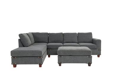 Living Room Furniture Charcoal Chenille Sectional w Ottoman Linen Like Fabric Sofa Reversible L/R Chaise Ottoman 3pc Sectional Sofa