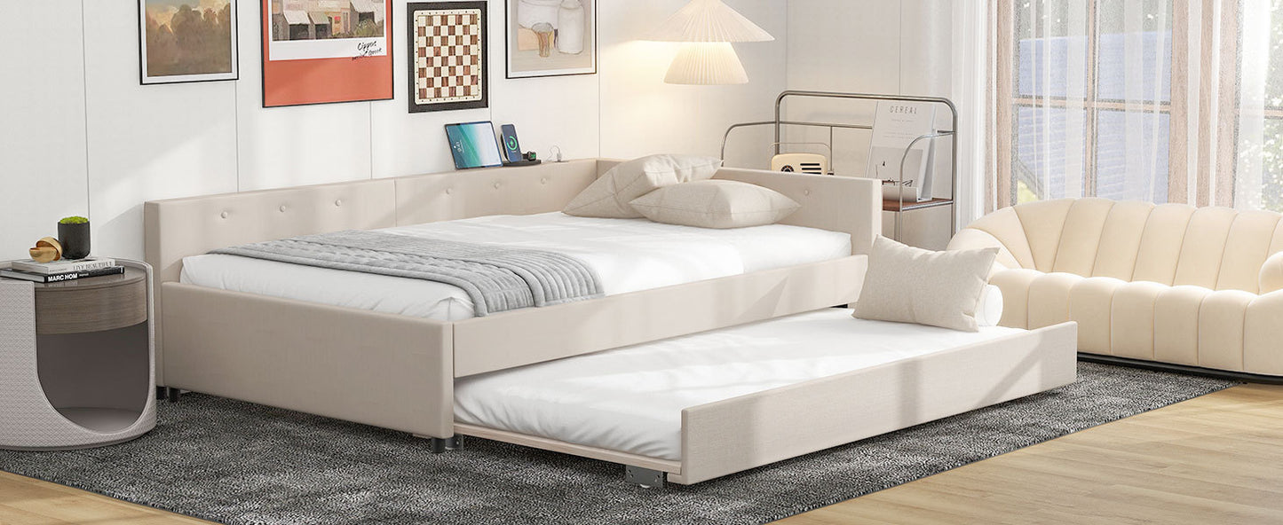 Full Size Upholstered Platform Bed with USB and Twin Size Trundle, Beige