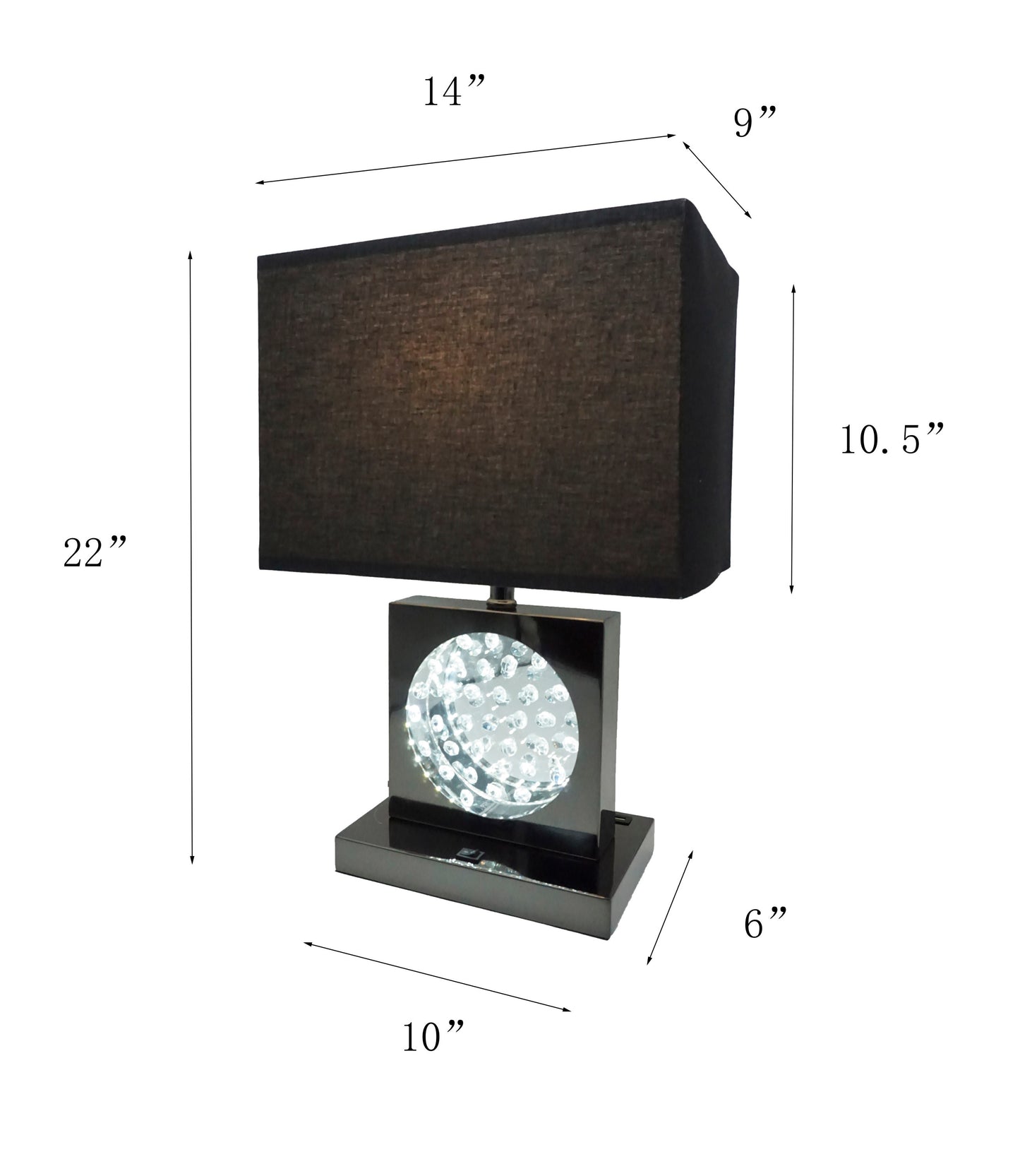 22"H BLACK PEWTER SQUARE CRYSTAL CENTERPIECE WITH NIGHT LIGHT, USB PORT + POWER OUTLET