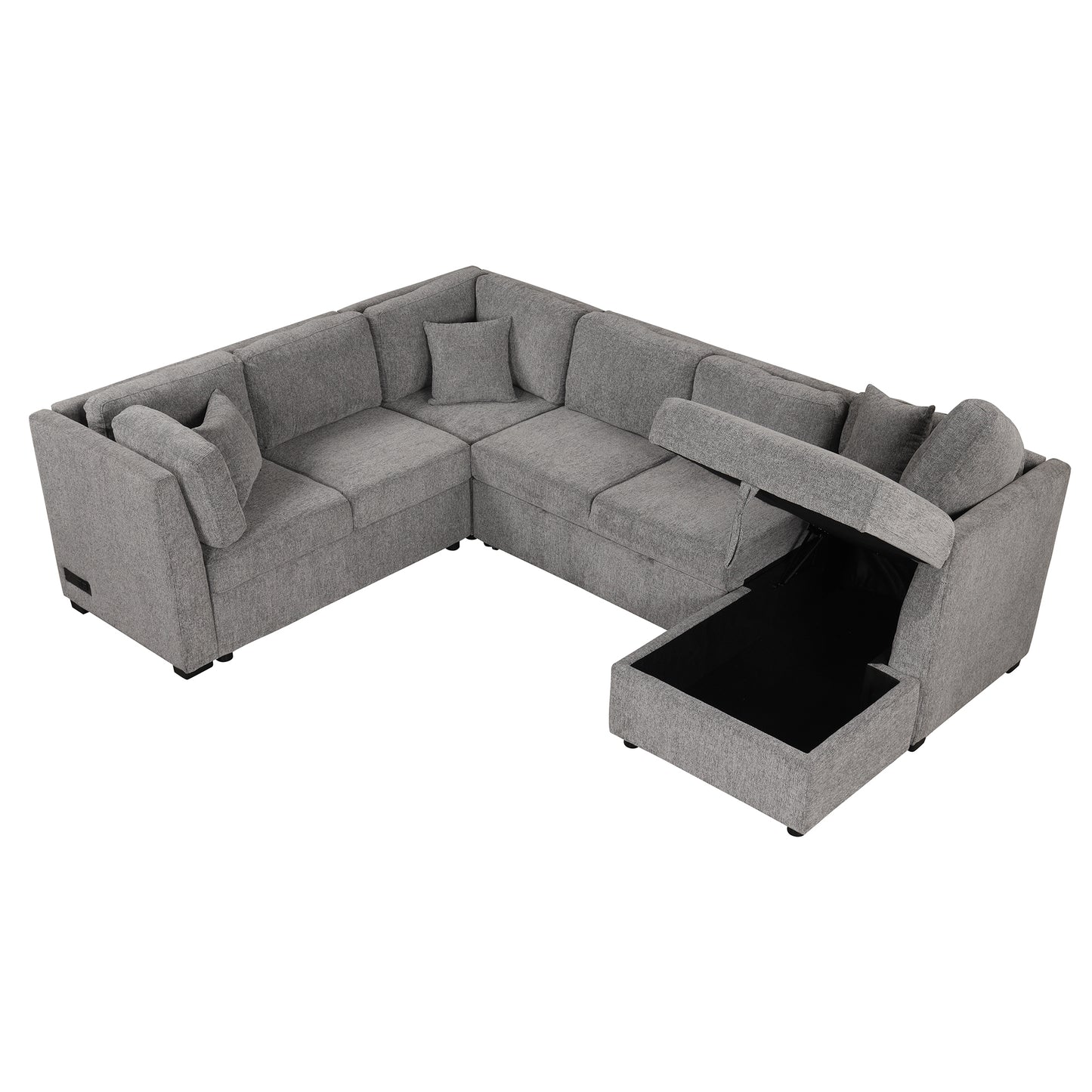 108.6" U-shaped Sectional Sofa Pull out Sofa Bed with Two USB Ports, Two Power Sockets, Three Back Pillows and a Storage Chaise for Living Room, Light Gray