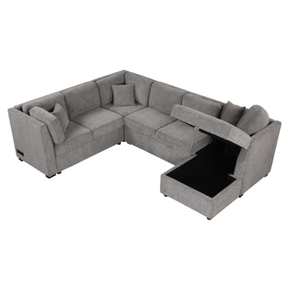 108.6" U-shaped Sectional Sofa Pull out Sofa Bed with Two USB Ports, Two Power Sockets, Three Back Pillows and a Storage Chaise for Living Room, Light Gray