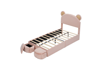 Twin Size Upholstered Platform Bed Frame with Cartoon Bear Ears Shaped Headboard  for Kids Teens Bedroom, No Box Spring Needed