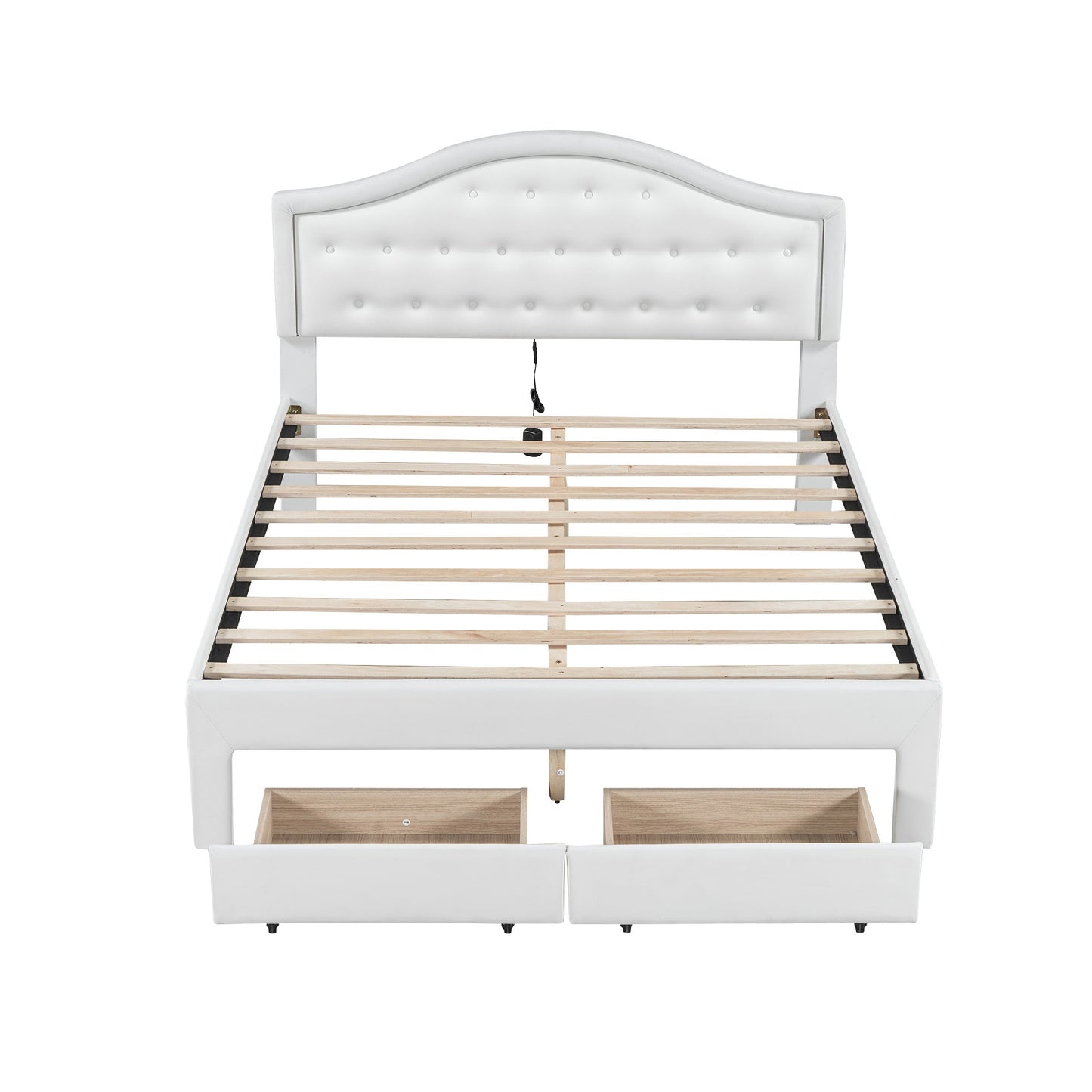 Queen Size Upholstered Platform Bed with Tufted Headboard, LED and 2 Drawers, White