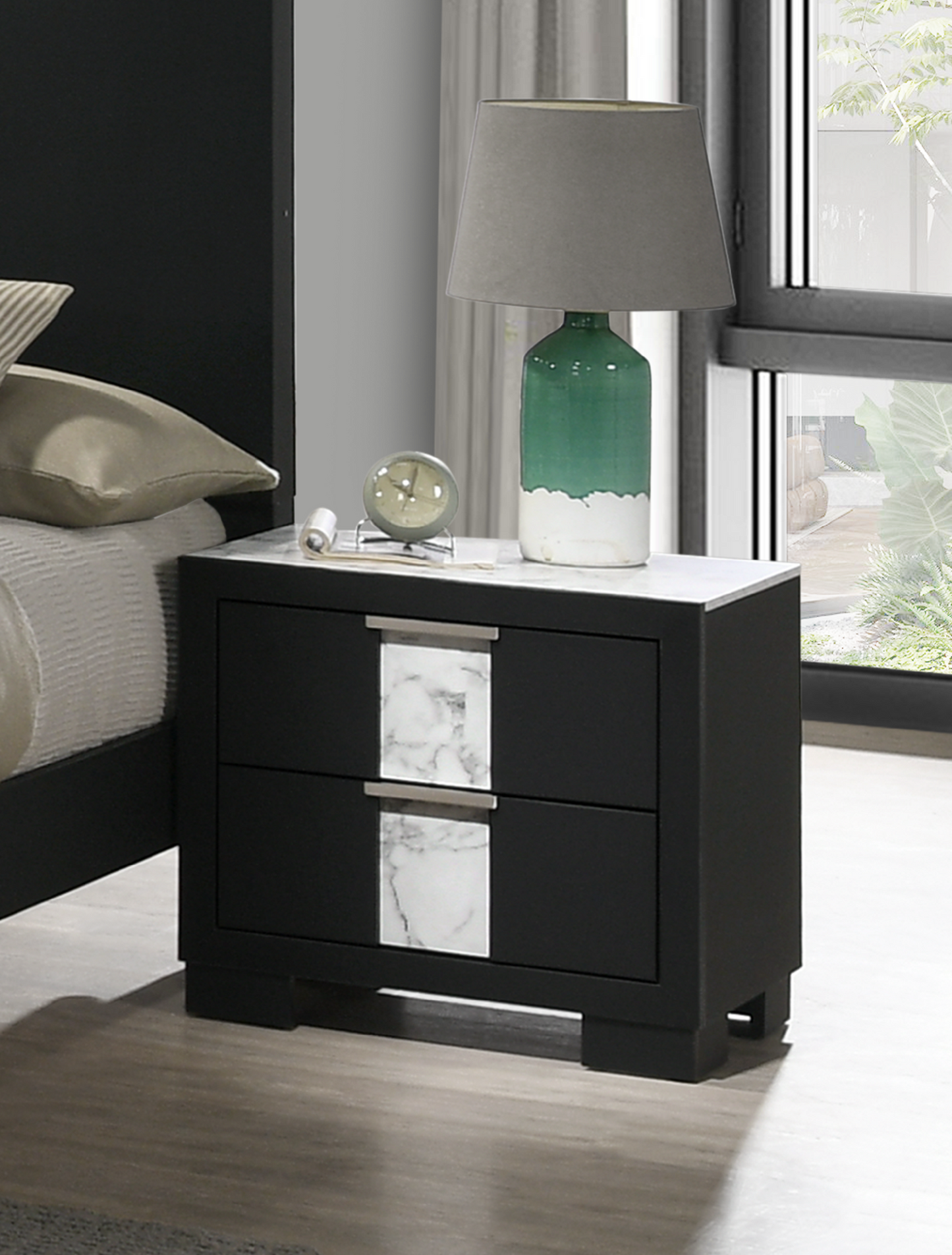 1pc Contemporary Black Finish Nightstand Two Drawers Metal knobs Black White Bedroom Wooden Furniture