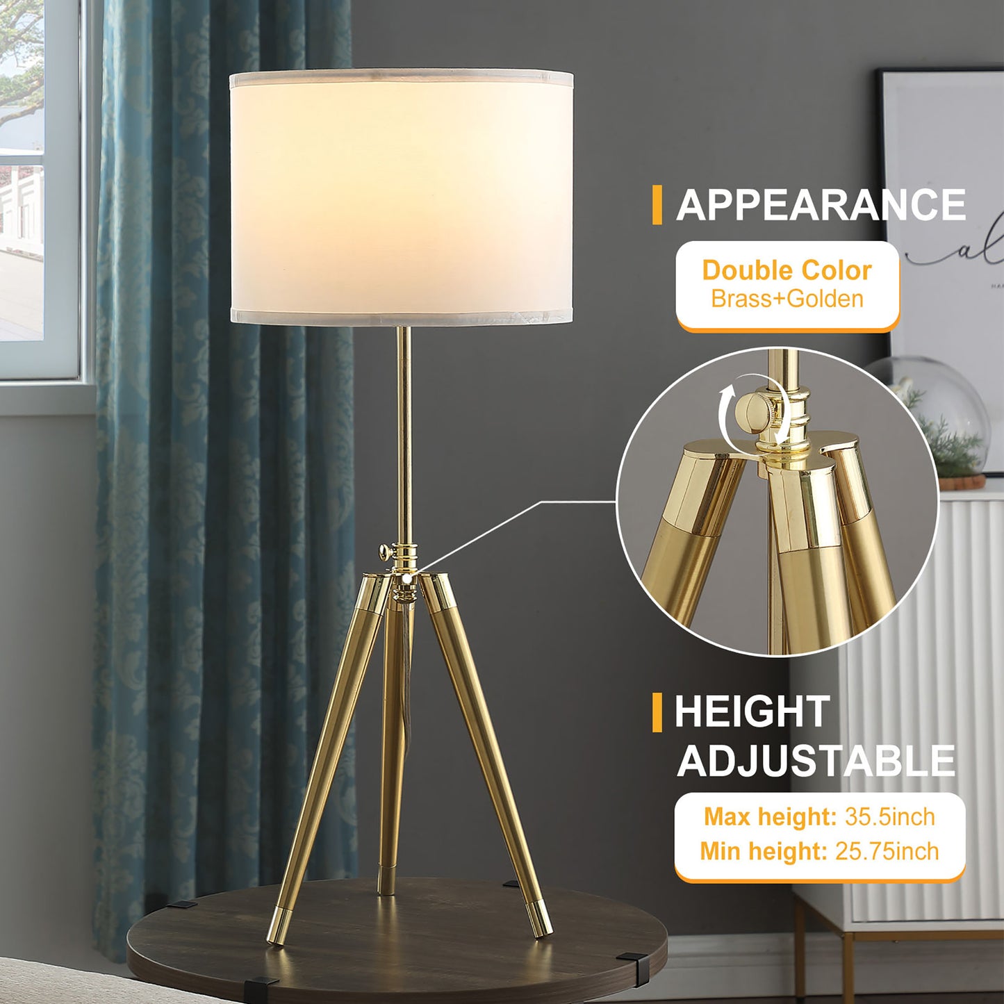 35.5" - 25.75"H Adjustable Hieght Brass/Shiny Gold Modern Tripod Table Lamp for Living Room, Nightstand Bedside Table Lamp for Bedroom, LED Lamp