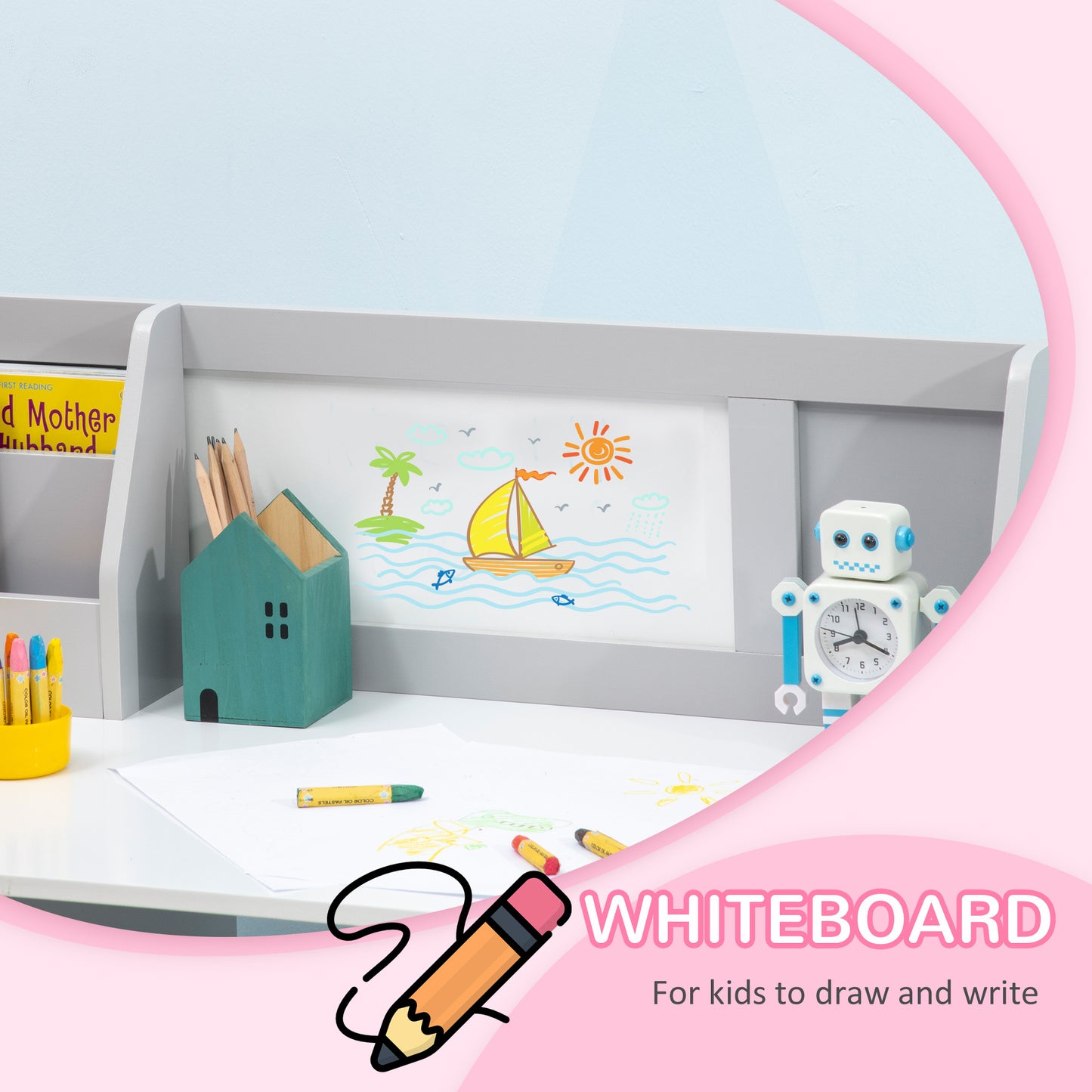 Qaba Toddler Desk and Chair Set, Kids Writing Desk Study Table for Children with Whiteboard, Storage Cabinet, Child Furniture, Art Gifts for Kids, Gray