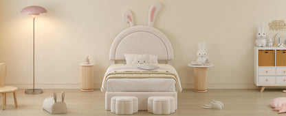 Twin size Upholstered Rabbit-Shape Bed with 2 Storage Stools, Velvet Platform Bed with Cartoon Ears Shaped Headboard, White