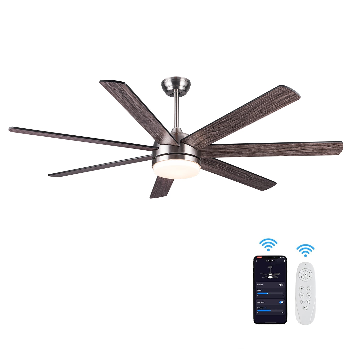 62 in. Integrated LED Brushed Nickel Plywood Smart Ceiling Fan with Remote Control