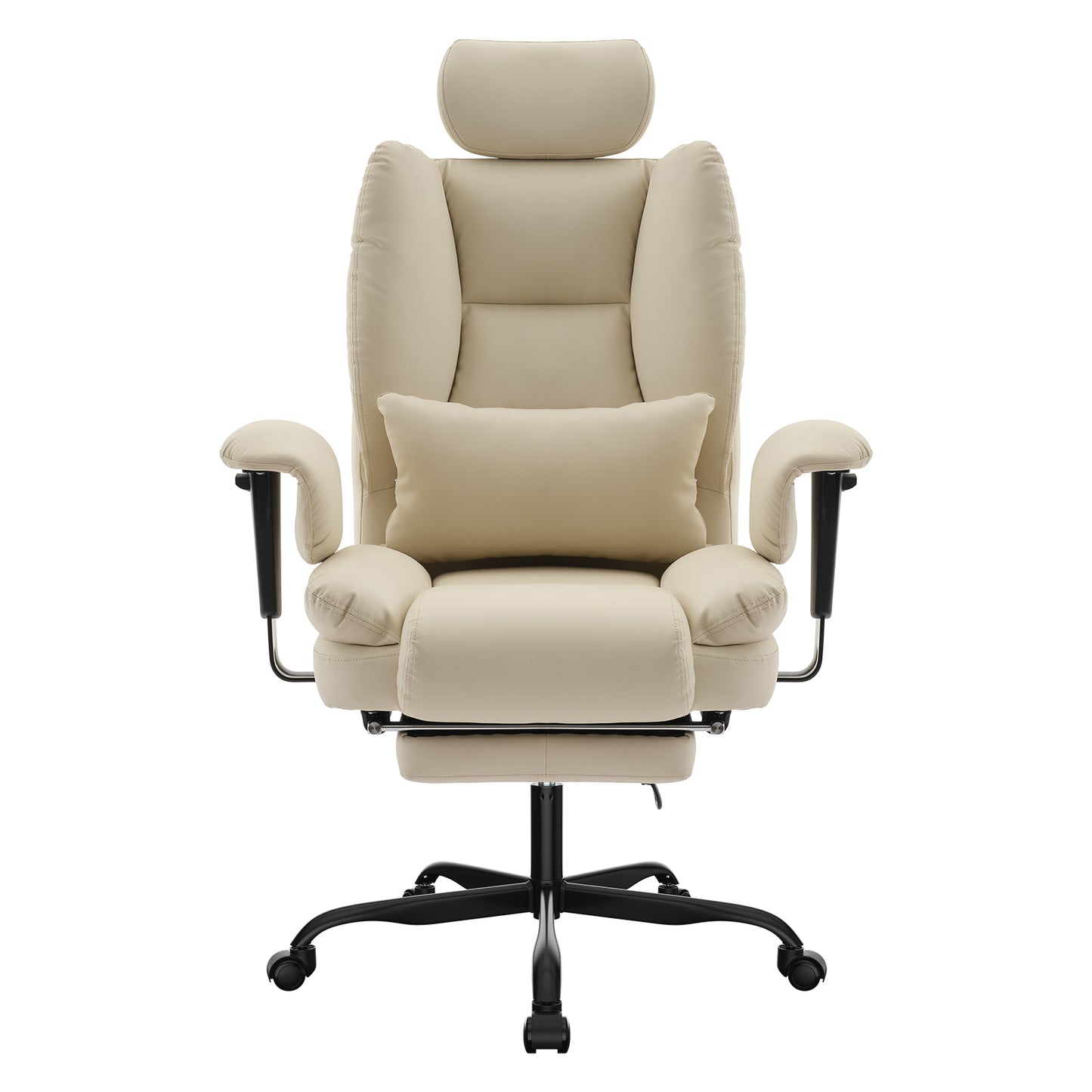 Office Chair Ergonomic 200 kg PU Leather Computer Chair with Lumbar Support and High Backrest, Ergonomic Desk Chair with Liftable Headrest, Beige