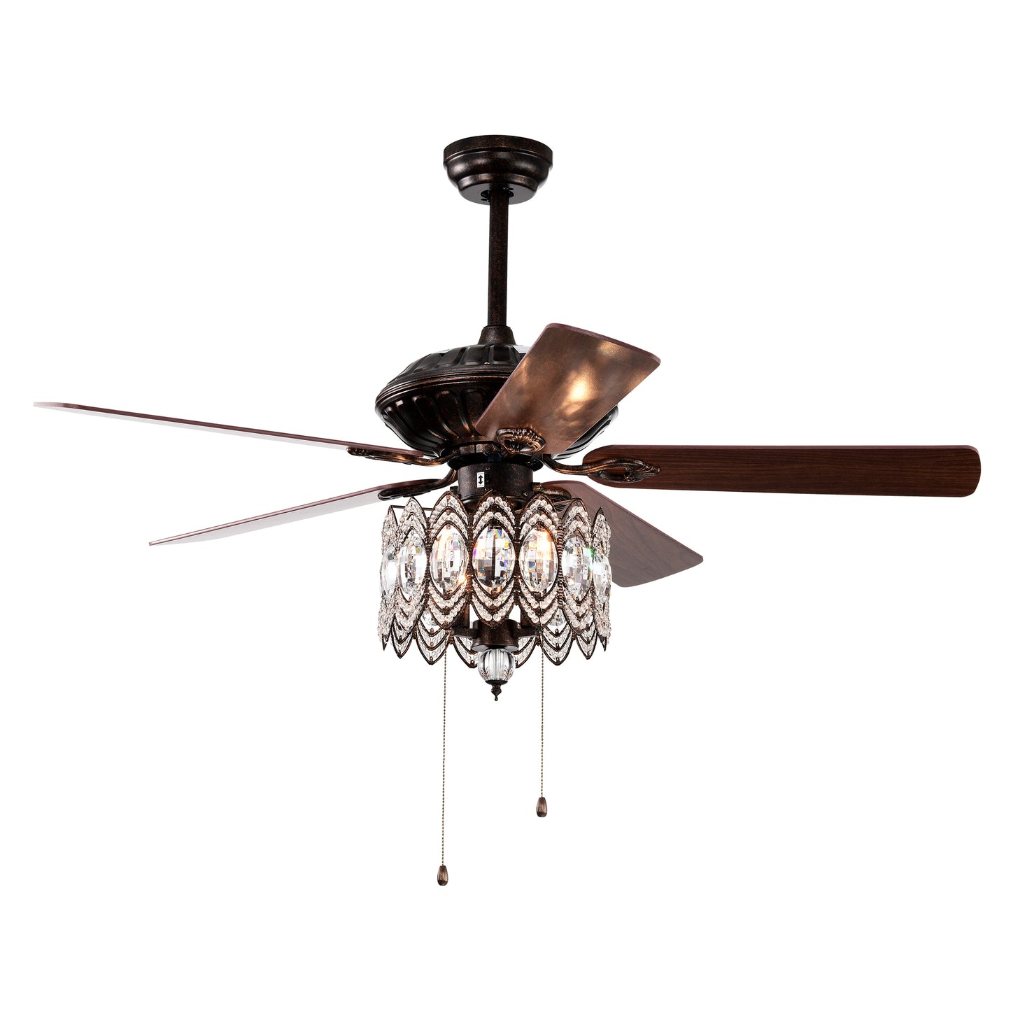 52'' Classical Crystal Ceiling Fan Lamp,3 Speed , 5 Reversible Blades for Living Room, Dining Room, Bedroom, Family Room, Rustic bronze ,3PCS*E12  (NO Include Bulb, Hand Pull Chain)