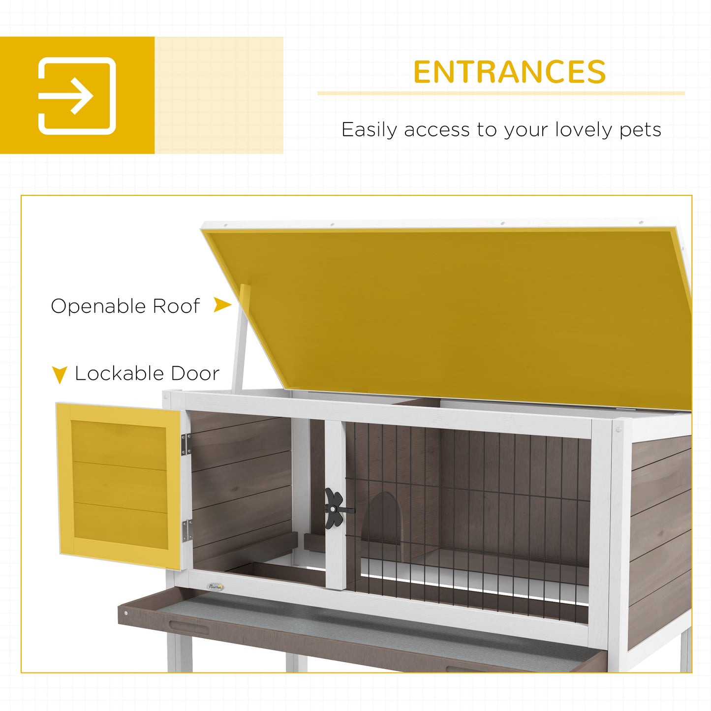 PawHut Elevated Wooden Rabbit Hutch, Indoor/Outdoor Bunny Cage with Hinged Asphalt Roof and Removable Tray for Single, Dwarf, or Guinea Pig, Brown