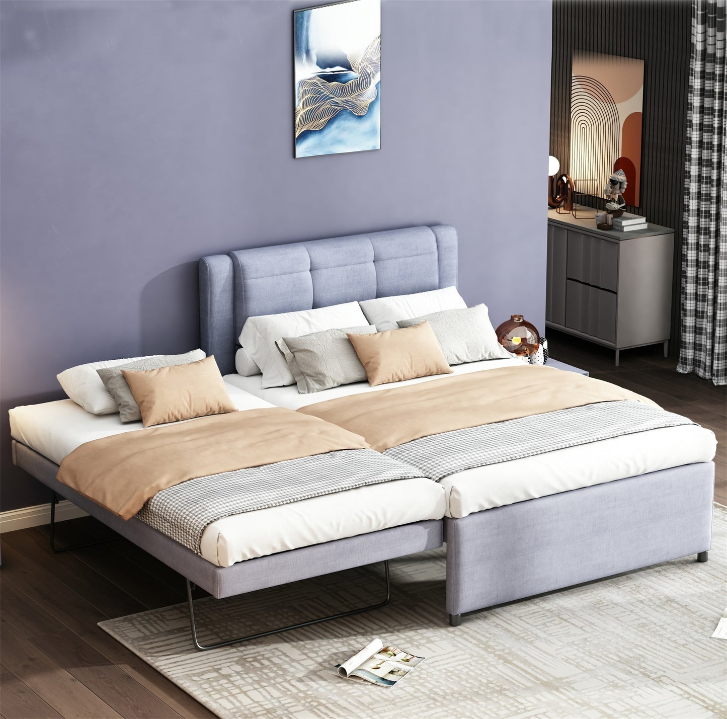 Full Size Upholstery platform bed with Trundle,Trundle can be flat or erected, Gray