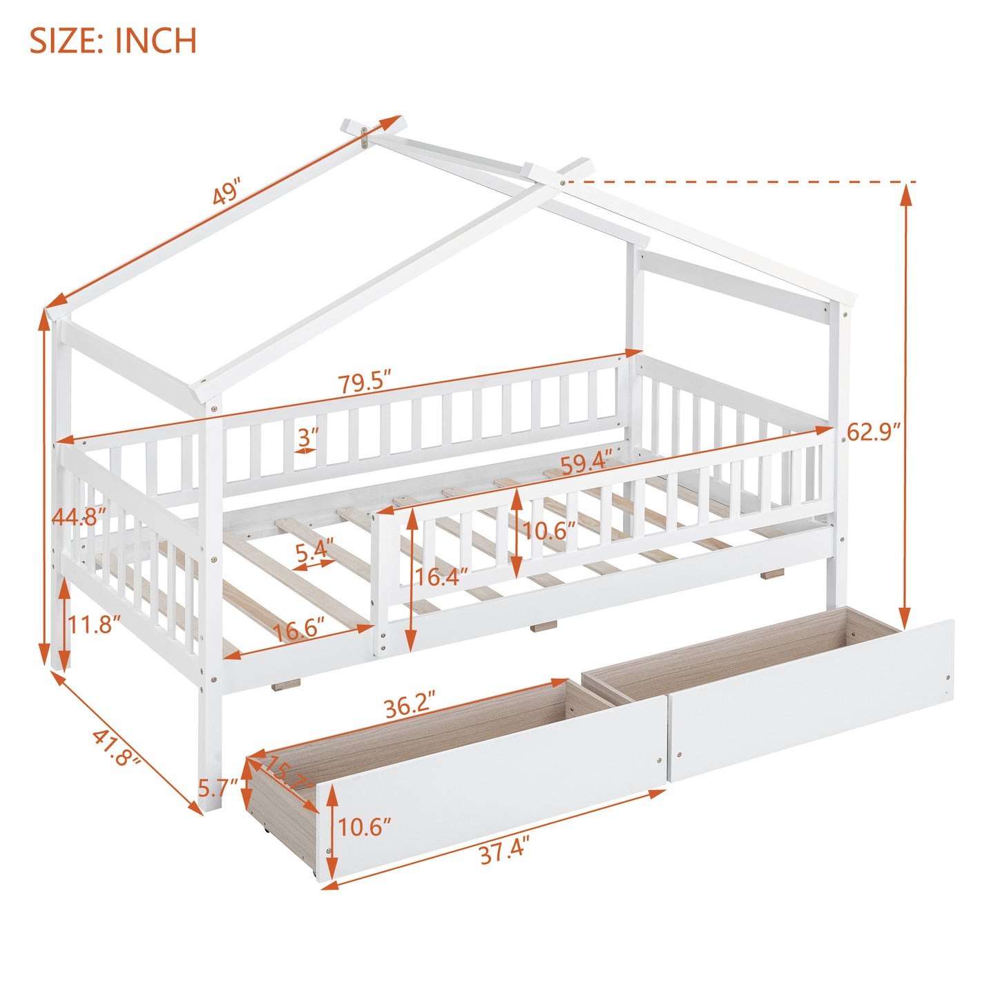 Twin Size Wooden House Bed with Two Drawers, White