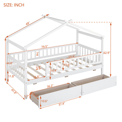 Twin Size Wooden House Bed with Two Drawers, White